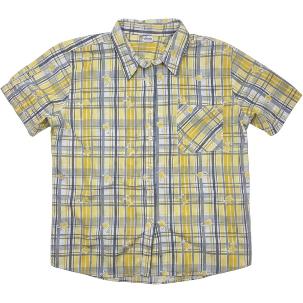 Adrian Delafield Mens Short Sleeve Plaid Floral Button Down Shirt Yellow Grey XL